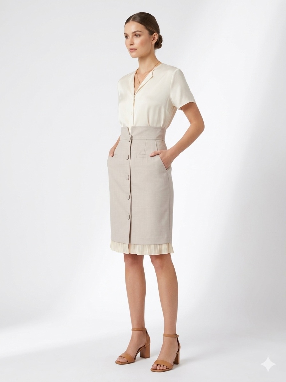 Tara Jarmon Paris High Waisted Pleated Hem Midi Skirt - Silk Blend Neutral 36
